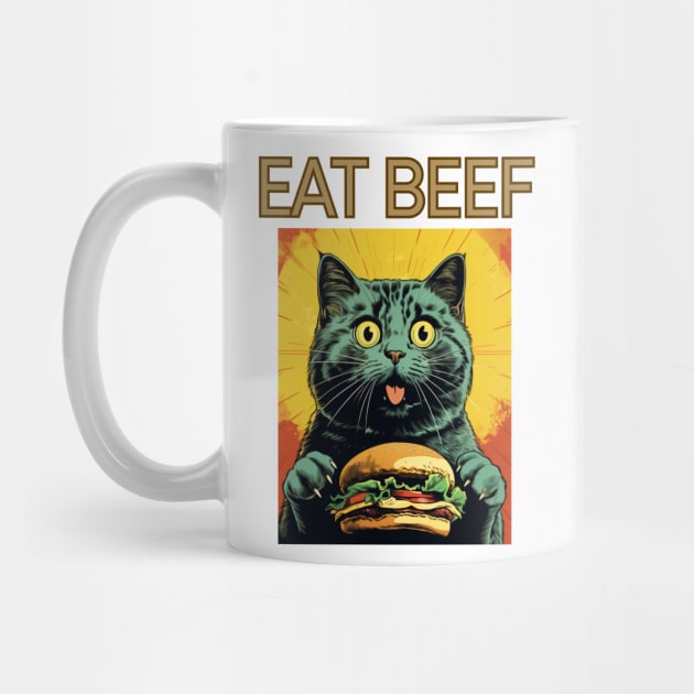 Retro Vintage Cat - Eat Beef Design | Quirky Feline Art by KittyStampedeCo